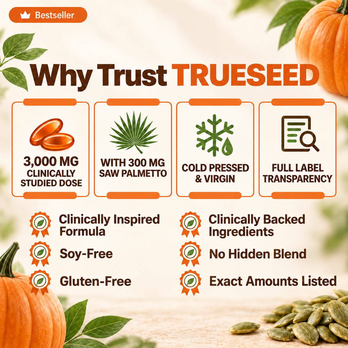 Cold Pressed Virgin Pumpkin Seed Oil with Saw Palmetto 2-in-1 Formula, 3000mg per Serving, 300 Softgels Dietary Supplement